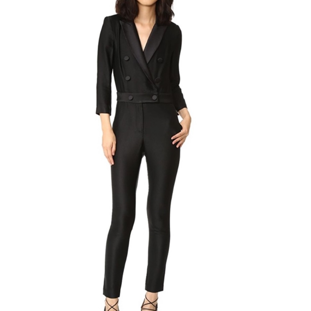Veronica Beard Daffodil Tuxedo Jumpsuit Black 3/4 Sleeve Slim Leg
